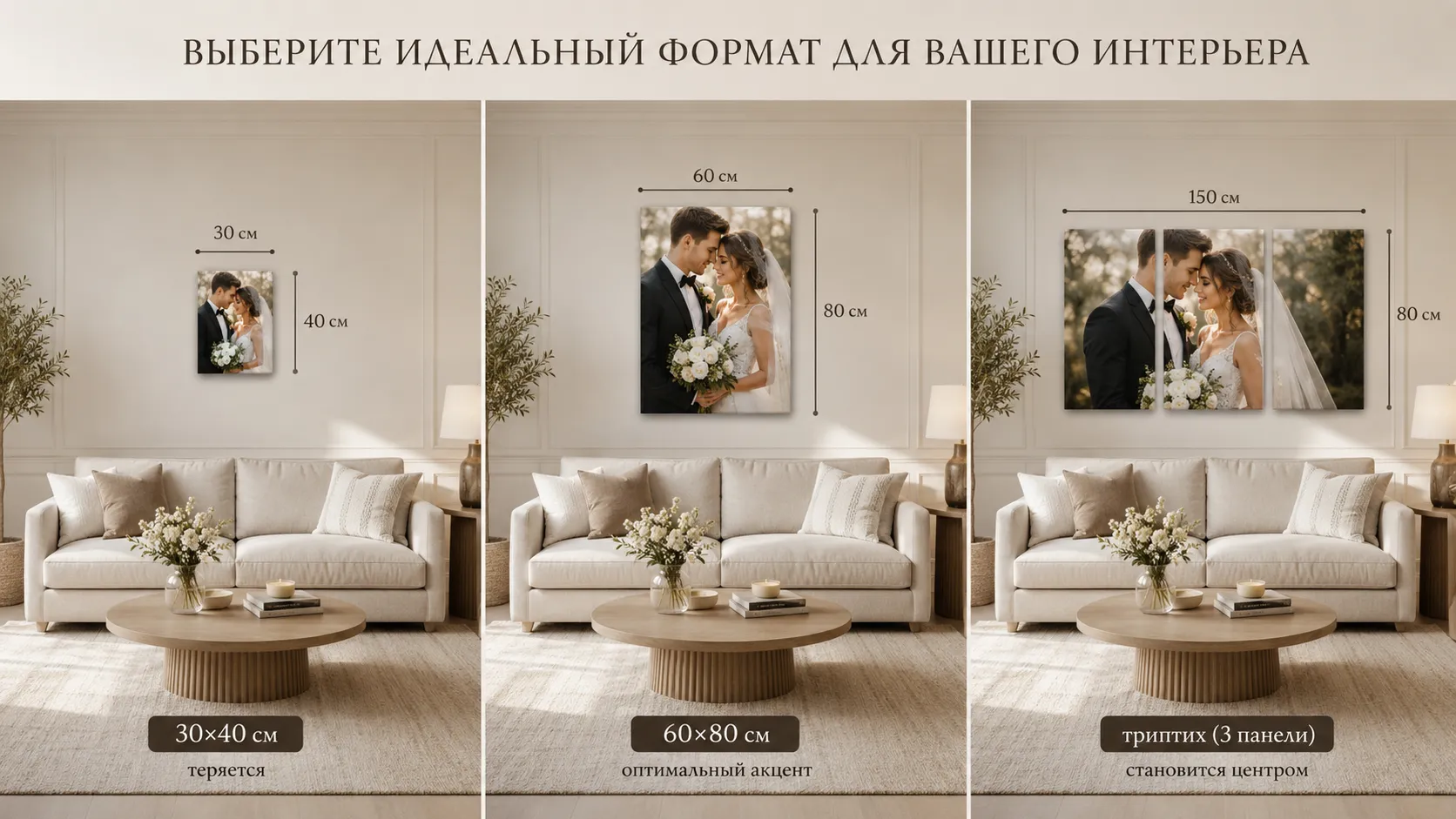 Одна и та же стена гостиной с диваном, на которой показаны 2–3 формата холста в масштабе